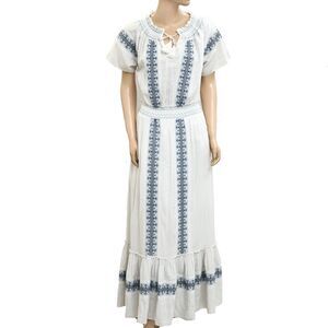 Faherty Embroidered Tiered Long Maxi Dress Smocked Gauze Boho White S NWD 279724